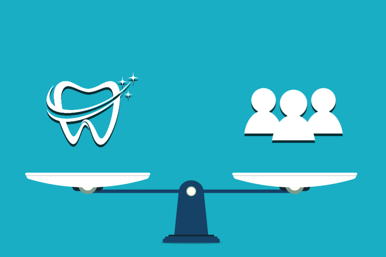 A scale evenly weighing a dental practice and its patients