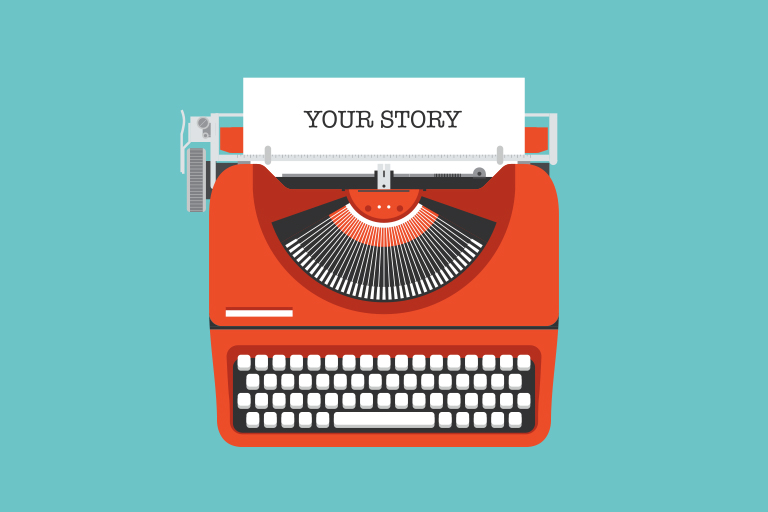 Typewriter with the text "YOUR STORY" typed on paper