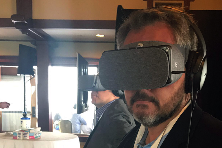 Tim Kelley, TNT co-founder, with VR headset at Google